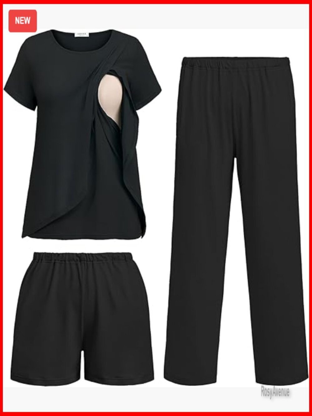 3-Piece Maternity Nursing Pajama Set Short Sleeve Top, Shorts & Pants S-XXL